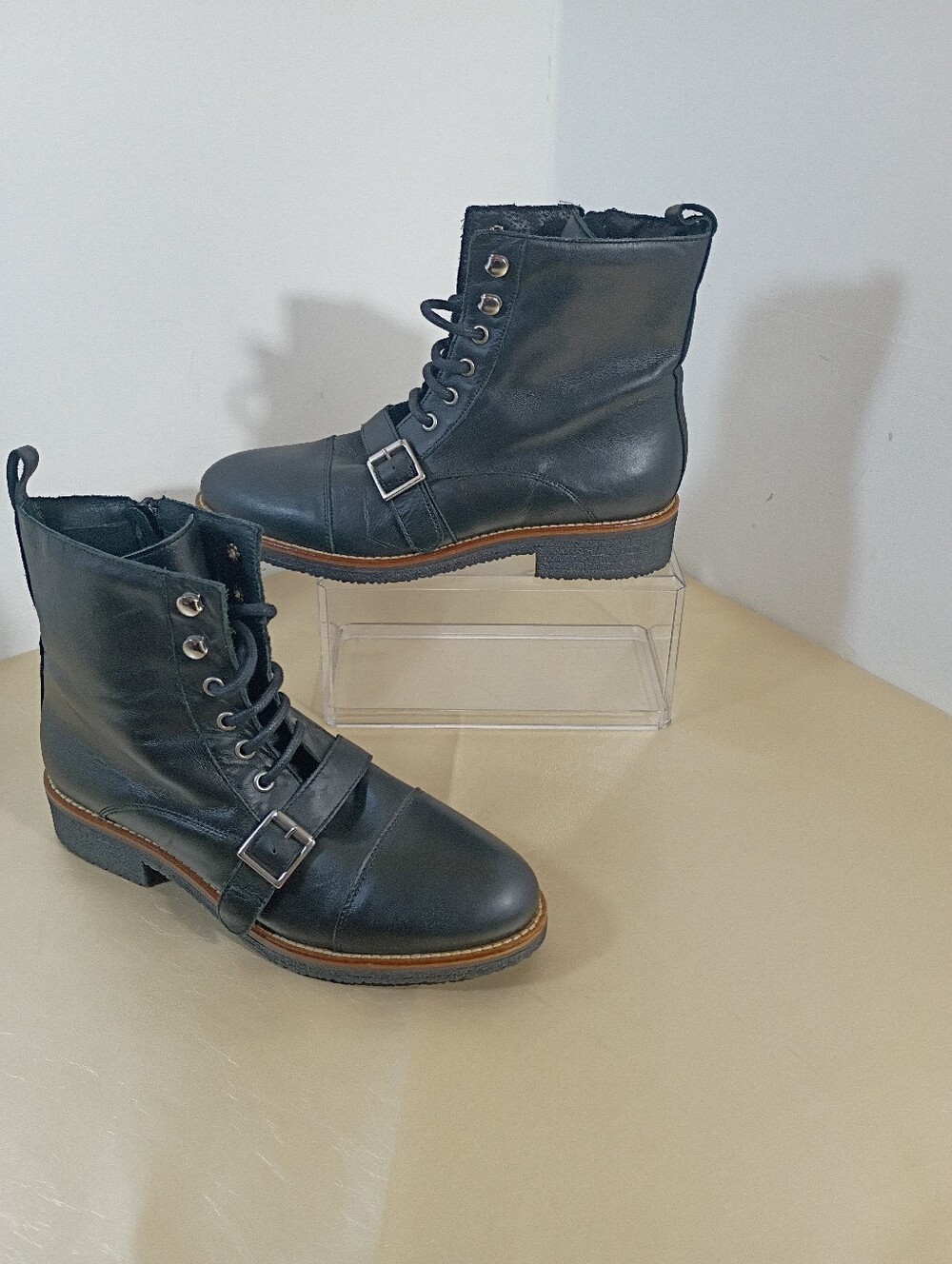 BERTUCHI Combat Biker Boots Sz 8.5 EU 39 Black Leather Zip /Lace Up Made SPAIN.